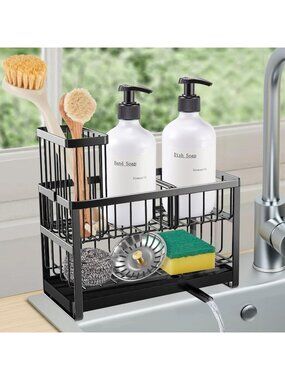 New Black 2 Tier Stainless Steel Sink Caddy Sponge Holder Brush Soap Tray